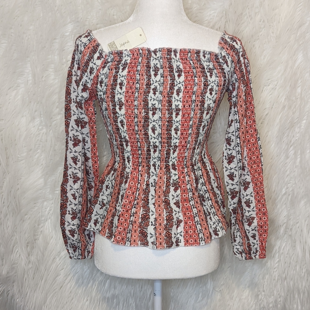 Japna ☆ NWT Women's XS Boho Floral Pleated Long Sleeve Top Flared Bottom - Picture 5 of 9
